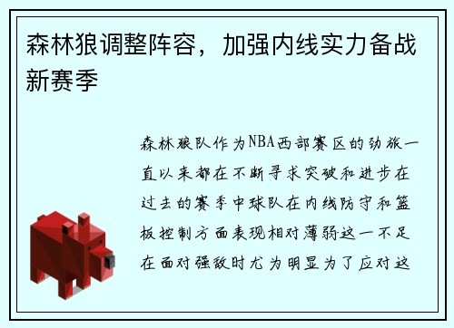 森林狼调整阵容，加强内线实力备战新赛季